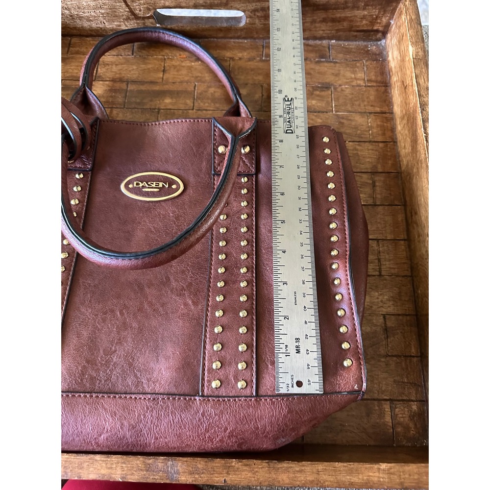 Dasein Brown Vegan Leather Studded Tote Bag Satchel with Matching Pouch Gold EUC - Picture 11 of 16
